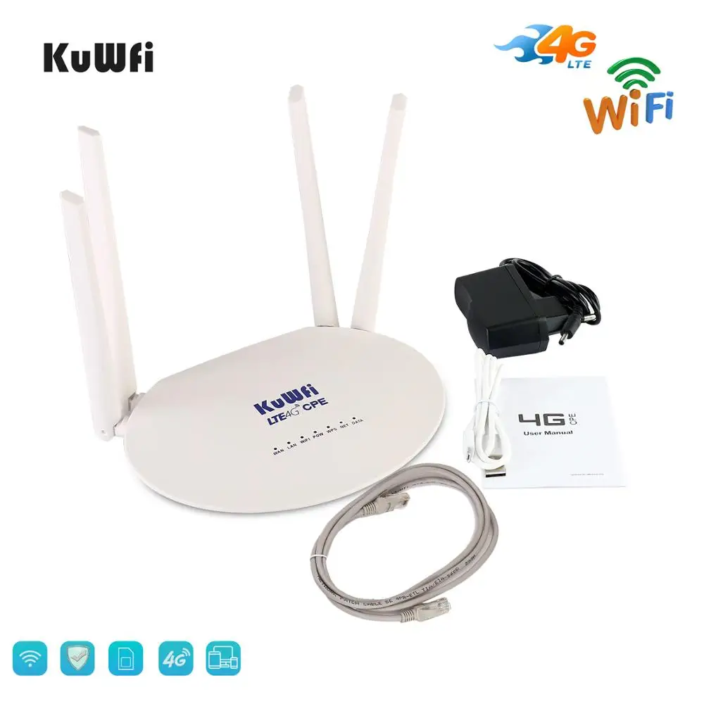 KuWFi 300 Мбит / с 4G LTE Wi Fi маршрутизатор 3G Sim карта Беспроводной 4шт внешней антенны до