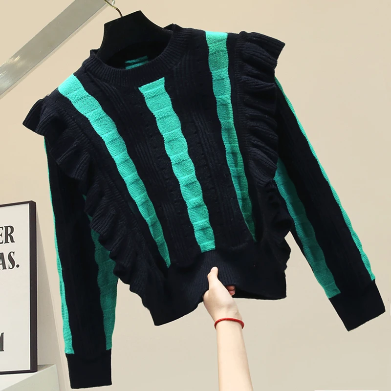 

Short Slim-Fit Frilled Color Panel Thick Warm Sweater Sweaters Women's 2020 Spring Knitted Sweater Ladies Black Green Jumper