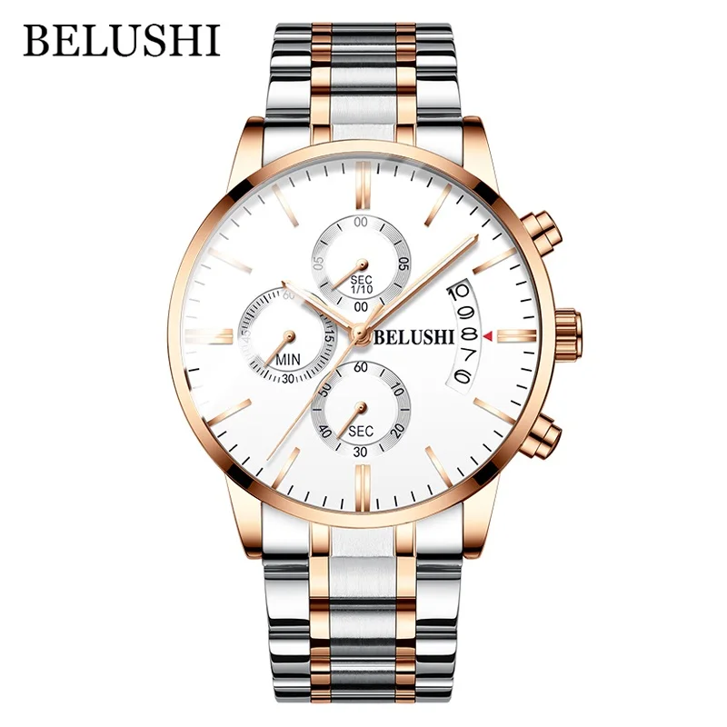 Silver White Gold Мужские часы от роскошного бренда BELUSHI, высококачественные мужские деловые повседневные часы, мужские водонепроницаемые спортивные кварцевые наручные часы relogio masculino - Цвет: Silver White Gold