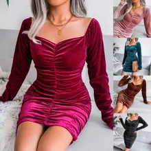 

Donsignet 2021 Autumn Winter New Sexy Square Collar Velvet Package Hips Dress for Women Long Sleeve Party Dress for Women