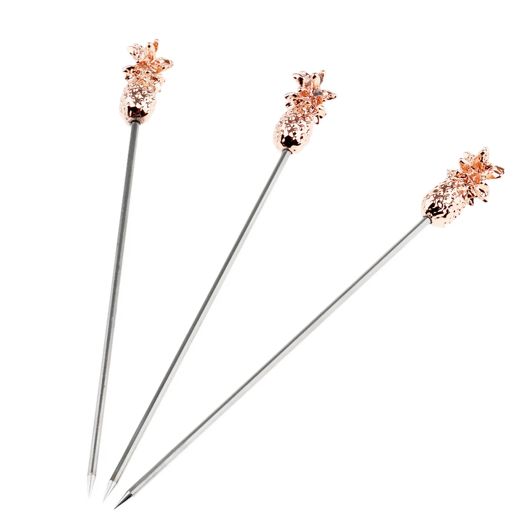 3Pcs Stainless Steel Swizzle Sticks Fruit Pineapple Stick Cocktail Pick for Kitchen Party Bar Accessory Rose Gold/Silver/Gold