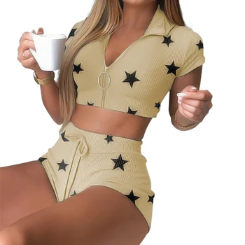 

Knit 2 Piece Set Women Star Sexy Crop Top Push Up Zipper Cardigan Tops Drawstring Shorts Woman Suits Two Piece Set Club Summer