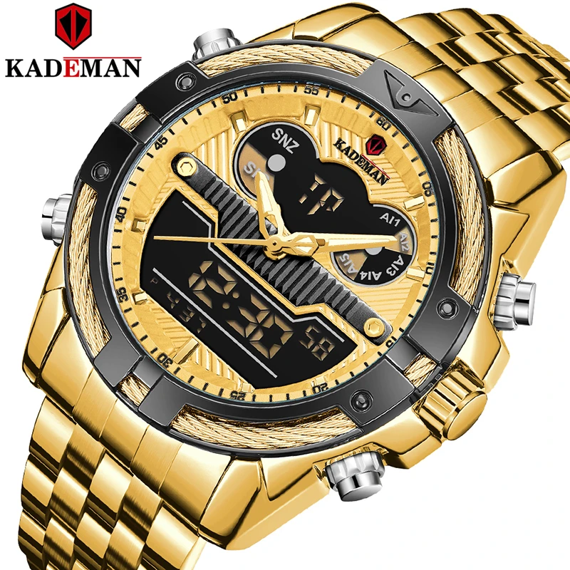 KADEMAN Gold Watch Men Dual Display Wristwathes Stainless Steel Digital Quartz Sport Men's Watches 2021 Luxury Brand Waterproof