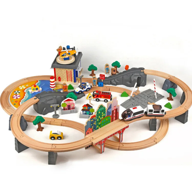 

Children Wood Small Train Camera Track Magnetic E-Bike Head 92 Pieces Firefighting Police Train Camera Track Set