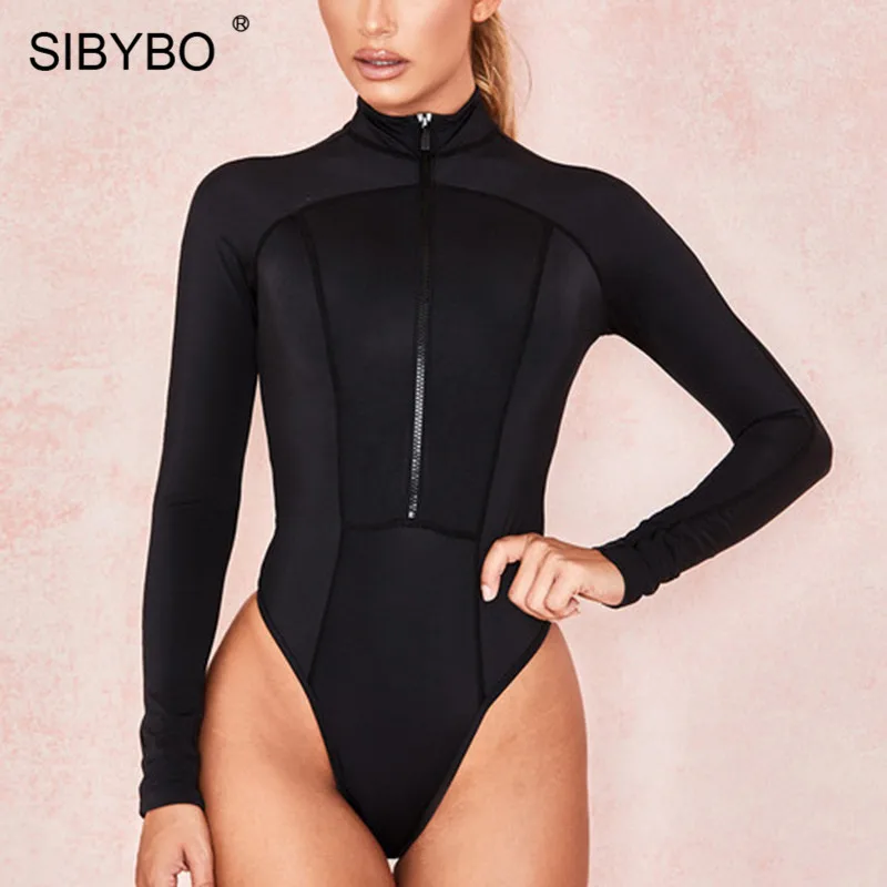 Женский комбинезон с длинным рукавом Sibybo Черный Повседневный облегающий боди на