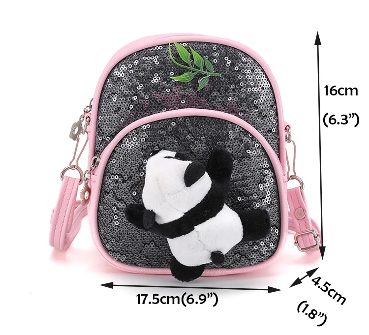 Mini PU leather Crossbody Bag for Little Girls Sequin Gillter School Handbags Teenagers Cute Panda Plush Backpack Pink Black Red (1)