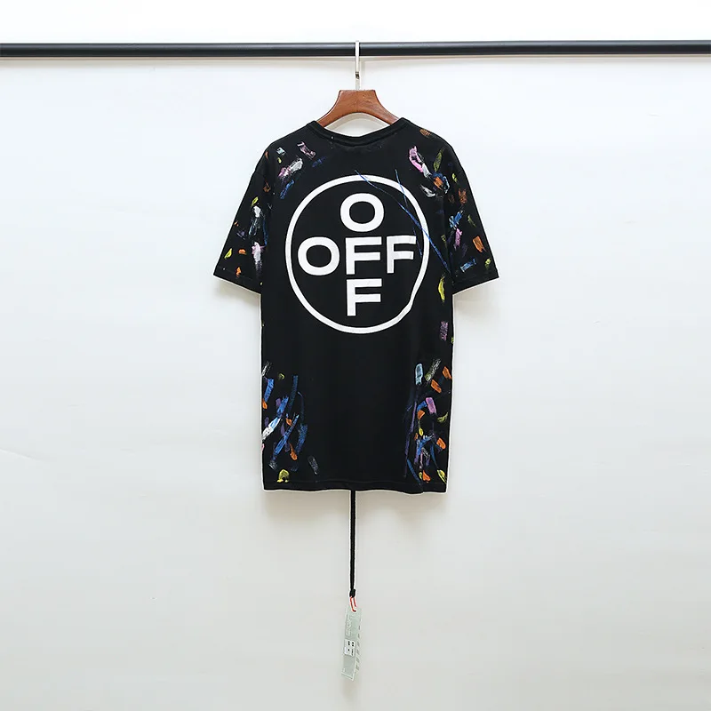 Высокое Качество OFF-WHITE Ограниченная серия ручная роспись красочные граффити парная футболка с короткими рукавами - Цвет: Черный
