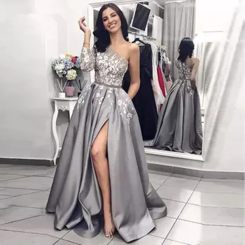 

Gray Muslim Evening Dresses soiree 2020 A-line One-shoulder Appliques Slit Dubai Saudi Arabic Long Evening Gown Prom Dress