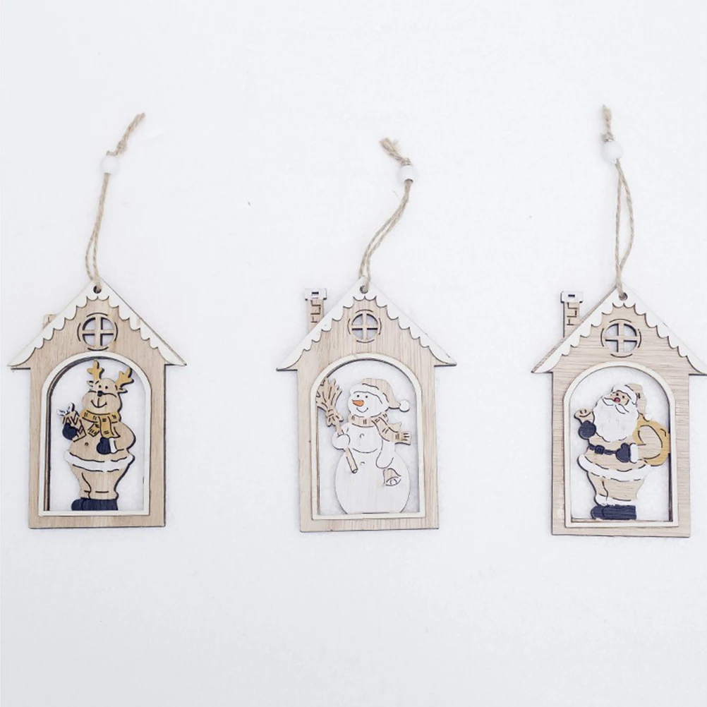 2pcs Christmas Elements Wooden Hanging Ornaments Hollow House Shaped Pendant Decor for Home Party(Snowman