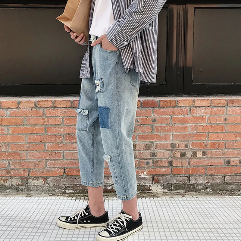 Мужские рваные джинсы брюки Oversized негабаритный рваный до щиколотки брюки молодежные мужские уличные брюки повседневные джинсы мода