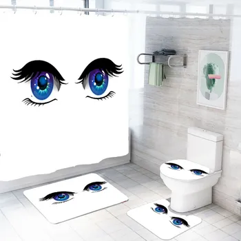 

3d Eyelash Print Shower Curtain Set Cute Eyes Bath Curtain 3/4 Piece with Toilet Lid Cover Anti Slip Bath Carpet with Free Hooks