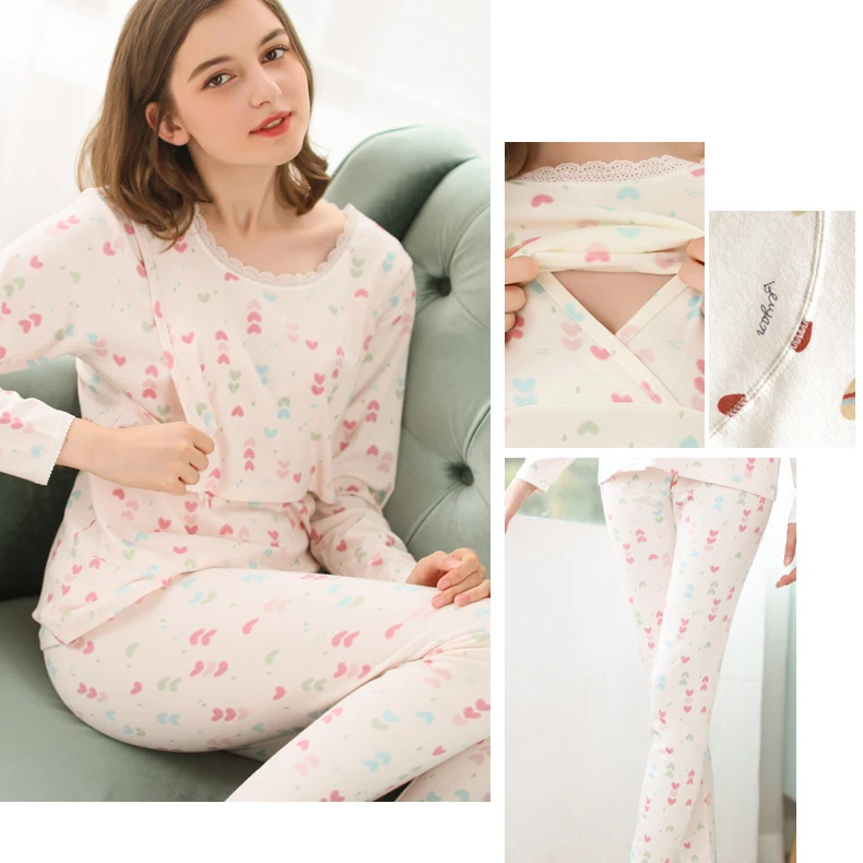 pink love Костюм для беременных, пижамы для беременных, свитер, зимняя теплая Пижама для грудного вскармливания, ночная рубашка, женская одежда для отдыха - Color: pink love
