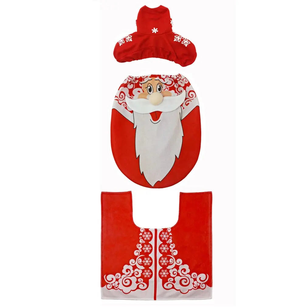

Santa Claus Toilet Seat Pad Toilet Cover Plus Water Tank Cover Paper Towel Cover Christmas Bathroom Decorations