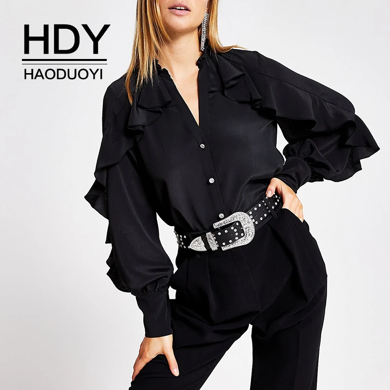 HDY Haoduoyi 2019 Осенняя модная большая простая Женская Однотонная рубашка с оборками и