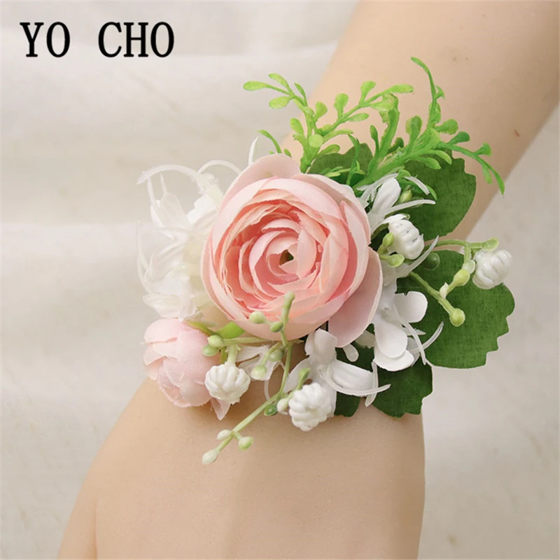 Yo Cho Di Nozze Boutonnieres Per Groomsmen Sposa Polso Corsage Del Fiore Braccialetto Della Ragazza Degli Uomini Fiore All'Occhiello Rosa Della Seta A