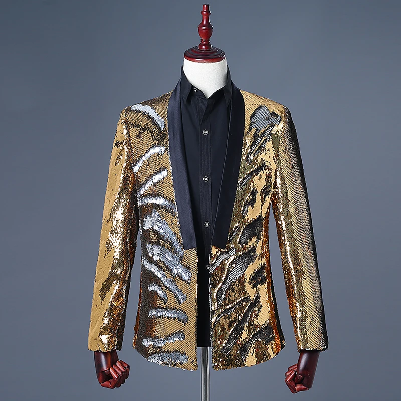 gold and silver Shenrun Мужской Блейзер, двойной цвет, смокинг с блестками, куртка, Музыкальный Проводник, певец, барабанщик, сценический костюм, диджей ночной клуб вечерние - Цвет: gold and silver