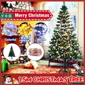 

Decorated Christmas Tree Green Plastic Tree 150cm New Year Home Decor Christmas Tree With LED String Remote Control