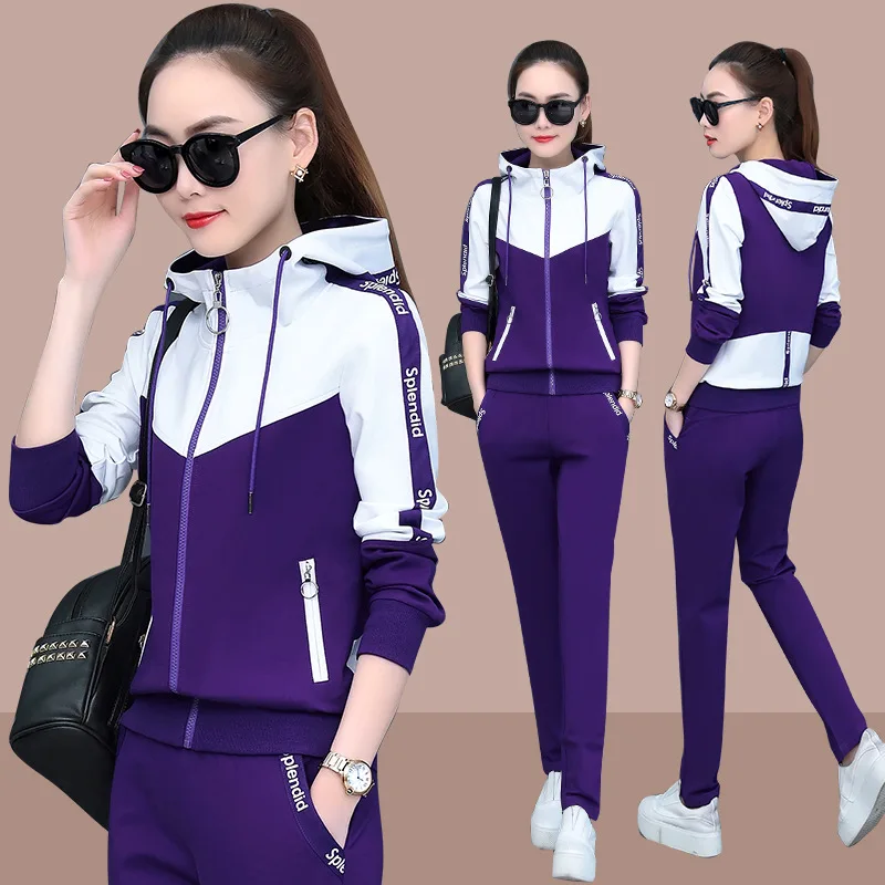 

Spring Women Tracksuit Sport Suit Patchwork Zip Up Hooded Jacket Sweatshirt+pant Running Jogger Fitness Casual Set Sportswear