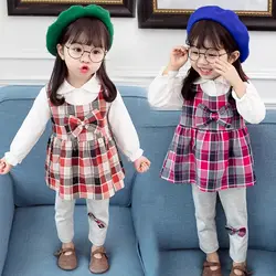 Детская одежда из 3 предметов одежда для маленьких девочек милая блузка с длинными рукавами Топы + клетчатое платье + штаны, леггинсы