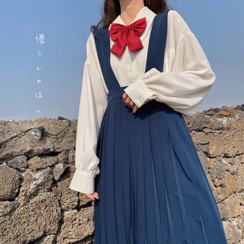 

Japanese Autumn Kawaii Jk Uniform Suit Sweaters Sweety Bow Loose Sleeve White Shirts Cute Pleated Strap Dresses Two-piece Suit
