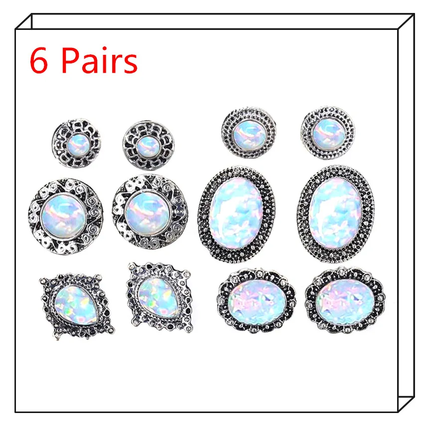 Hot 6 Pairs Hollow Opal Earrings Set For Women Bohemian Geometry Vintage Stone Stud Earrings Female Statement Jewelry
