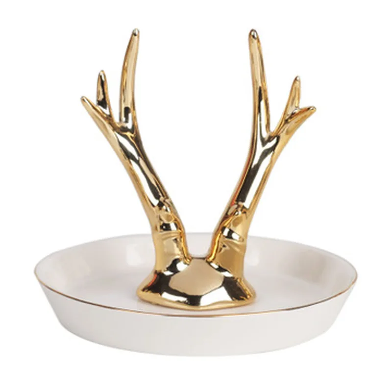 Exquisite Luxury Nordic Ceramic Jewelry Plate Electric Ferry Gold Crafts Gift Watch Home Gold Deer Animal Ornaments Storage Tray