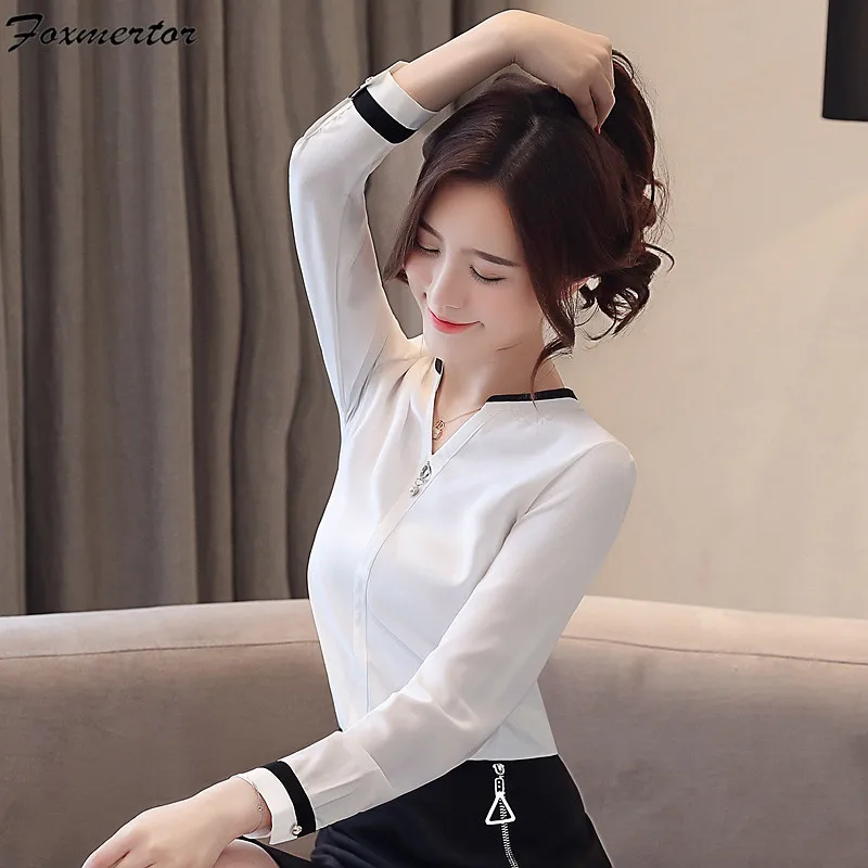 Женские топы и блузки Blusas Mujer De Moda весенние женские рубашки шифоновая блуза с бусинами однотонные белые рубашки с v-образным вырезом 2XL