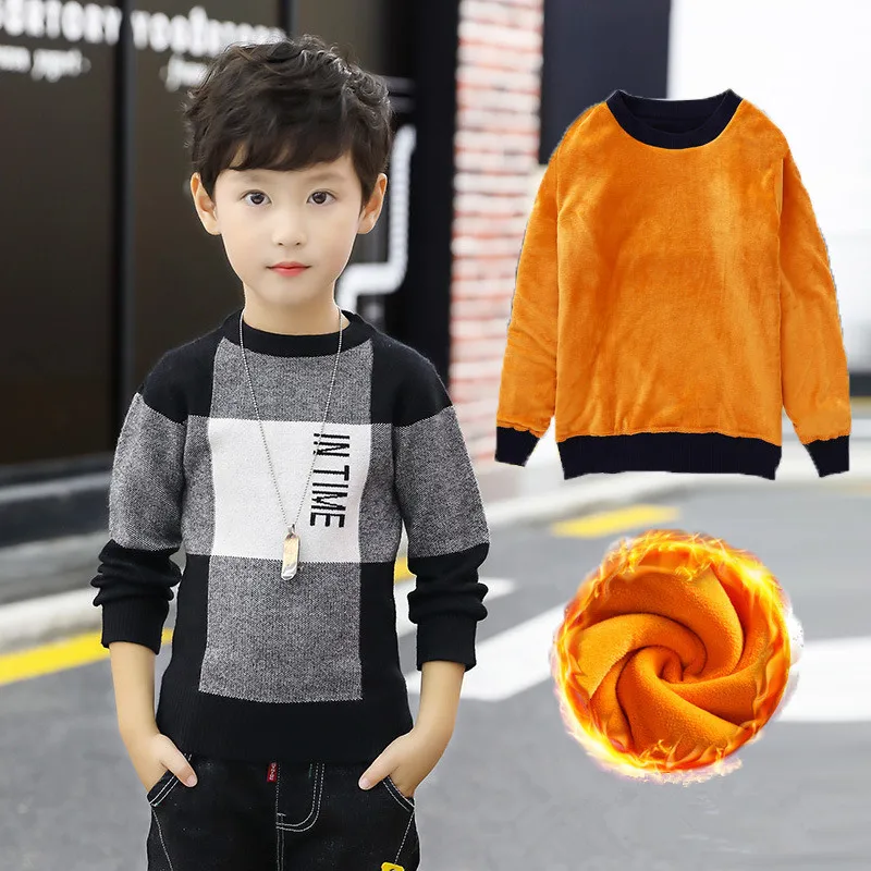 thick fleece inside Модный свитер для мальчиков, весенне-зимняя верхняя одежда для маленьких мальчиков, хлопковый свитер, Детский свитер, детский вязаный свитер, брендовые Топы - Цвет: thick fleece inside