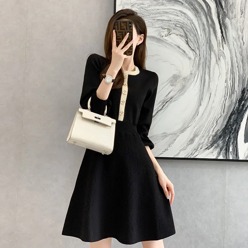 

High Waist Knitted Sweater Dress Women Clothing Autumn Winter Fashion O Neck Lantern Sleeve A Line Knitted Dresses Vestidos