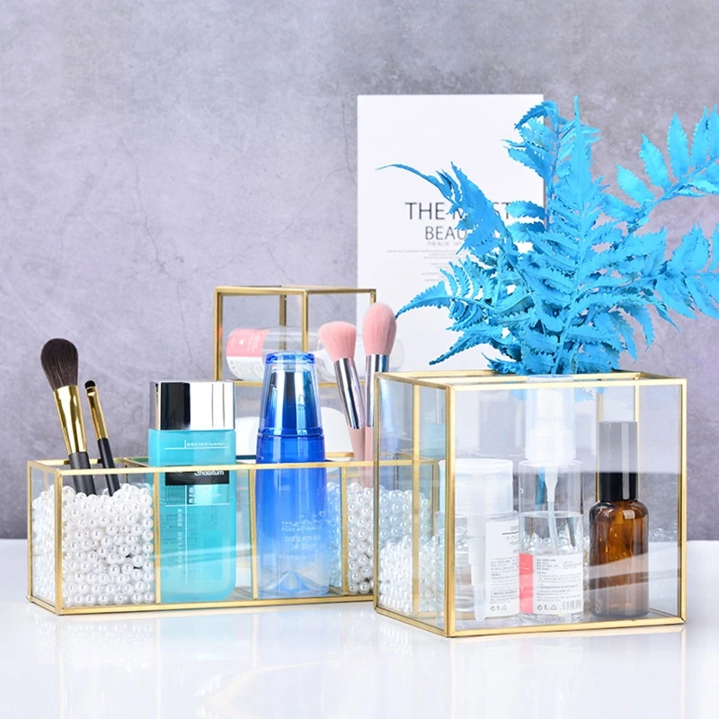 

Gold Glass Makeup Brush Holder Storage Container Ring Earring Holder Clear Glass Decorative Pen Pencil Holder Beauty Display