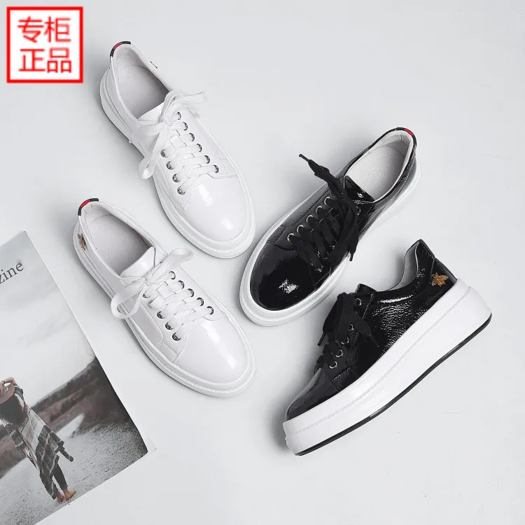 

2019 Korean-style Spring New Style Genuine Leather Platform Thick Bottomed Lace-up Patent Leather White Shoes Casual Sports Stud