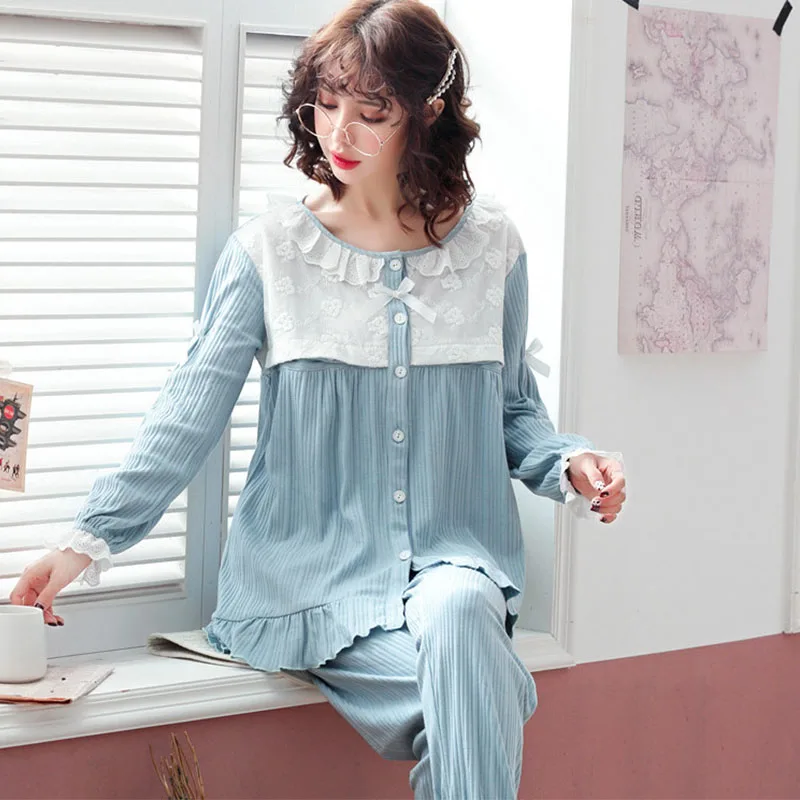 

Korean Fashion Maternity Pajamas Nursing Suit Sleepwear Spring Autumn Pregnancy Clothes Underwear Nightwear Print Floral Elegant