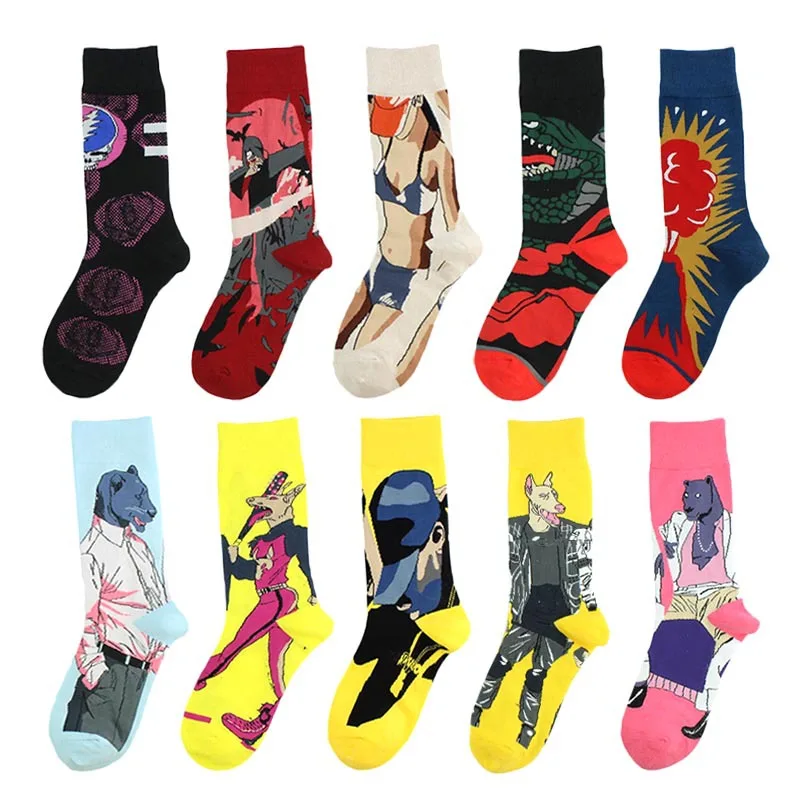 1 пара мужских забавных носков серия оборотней, хлопковые модные зимние теплые носки с героями мультфильмов Harajuku, носки для скейтборда большой размер 40-46