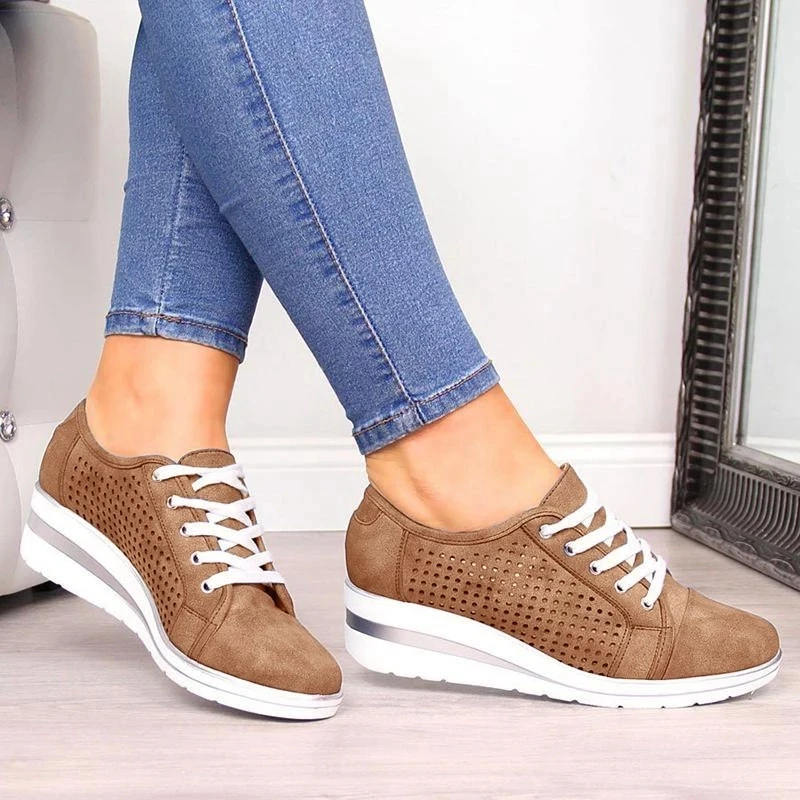 Adisputent Summer Women Wedge Flats Shoes Female Hollow Breathable Mesh Casual Shoes For Ladies Lace Up Flats Loafers Shoes - Цвет: brown