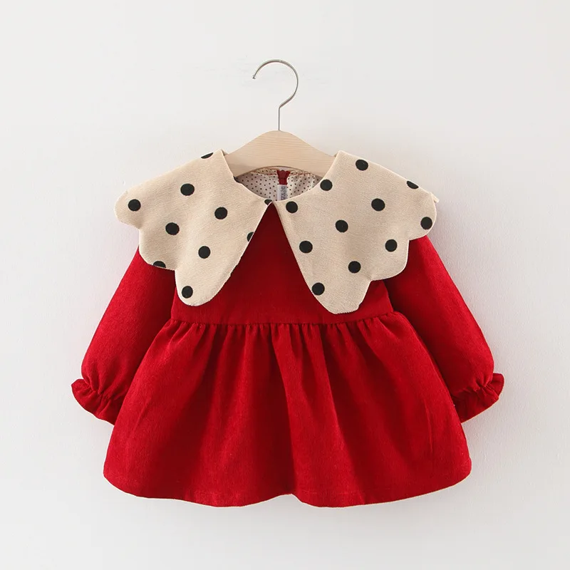 Платья для маленьких девочек вечерние и свадебные милые хлопковые Брендовые платья в горошек с длинными рукавами и отворотами для новорожденных от 1 до 3 лет - Цвет: Red