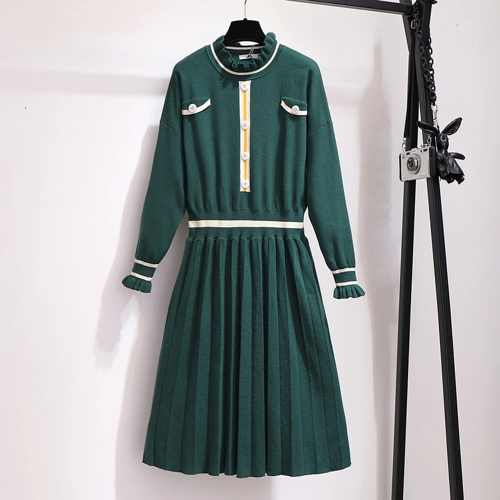 XXL~ 6XL зеленое Полосатое вязаное платье для женщин осень зима длинный рукав Высокая талия узкий вязаный свитер плиссированное платье B661