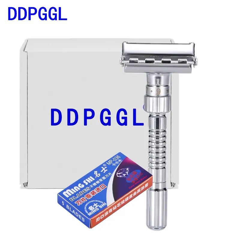 

DDPGGL Men Shaver Razor Blade Adjustable Double Edge Razor Safety Razor Zinc Alloy Chrome Razors With 5 Replacement Blade