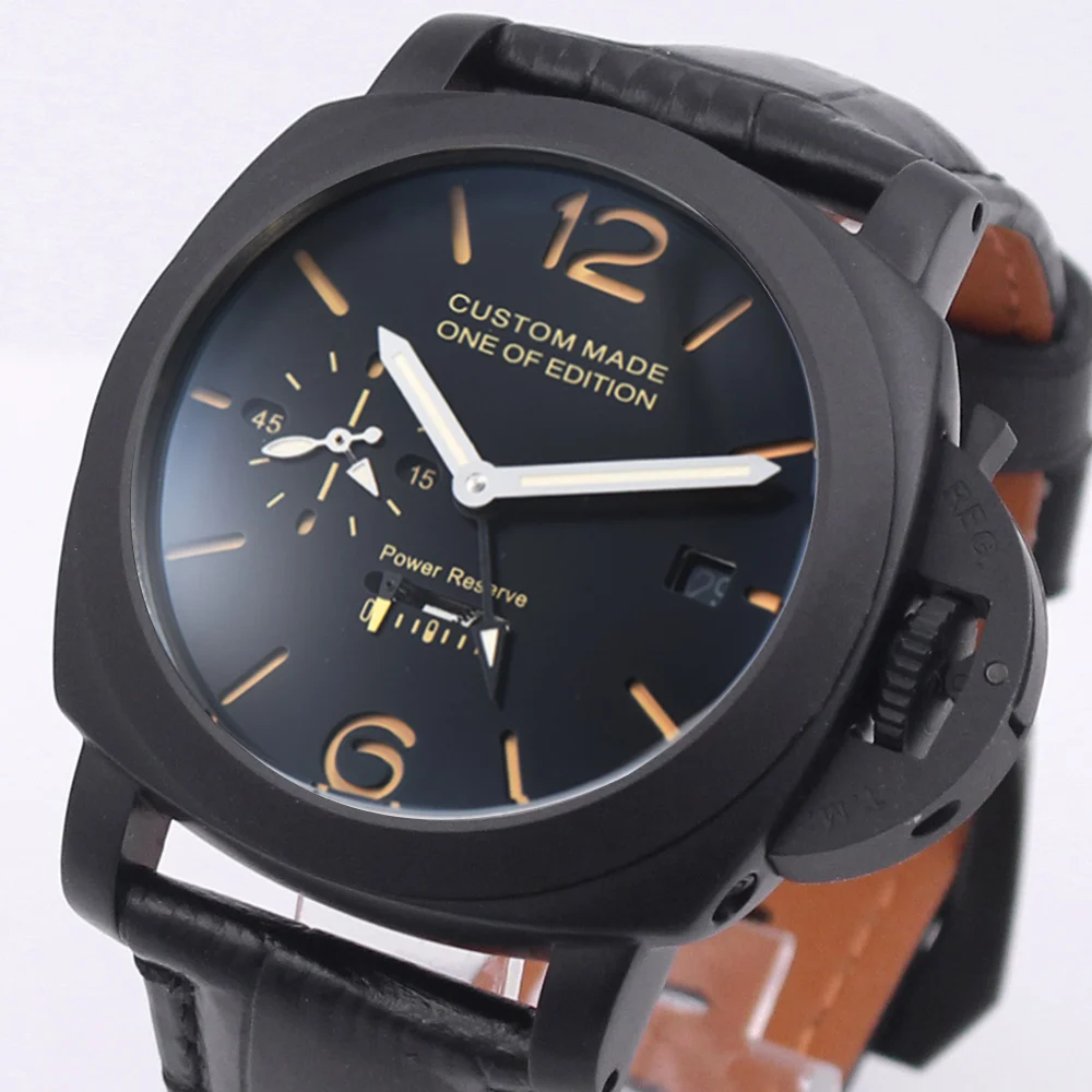 

44mm Automatic Mechanical Watch Men Power Reserve GMT Leather Strap Luminous Military Waterproof Calendar Men Watch