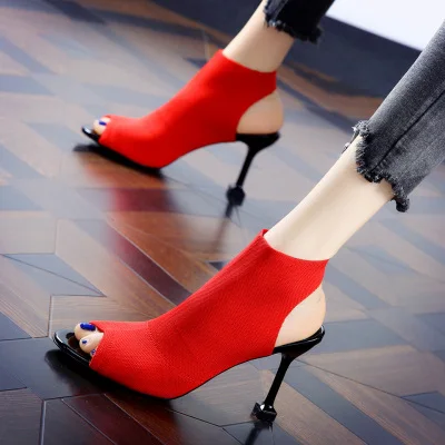

Mouth shoes open-toe sandals women 2020 summer new style fine-knit wild elastic elastic Roman high-heeled sandals
