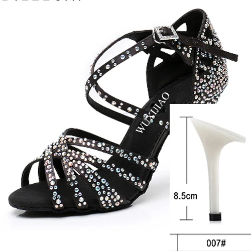 WUXIJIAO Женская танцевальная обувь для вечеринки Атласная блестящая обувь для латинских танцев с мягкой подошвой и стразами Женская обувь для сальсы heel5CM-10CM - Цвет: black heel 8.5cm