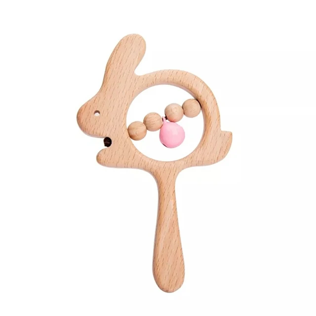 Bopoobo 1pc Baby Rattles Crochet Bunny Rattle Toy Wood Ring Baby Teether Rodent Baby Gym Mobile Rattles Newborn Educational Toys Pink Bunny
