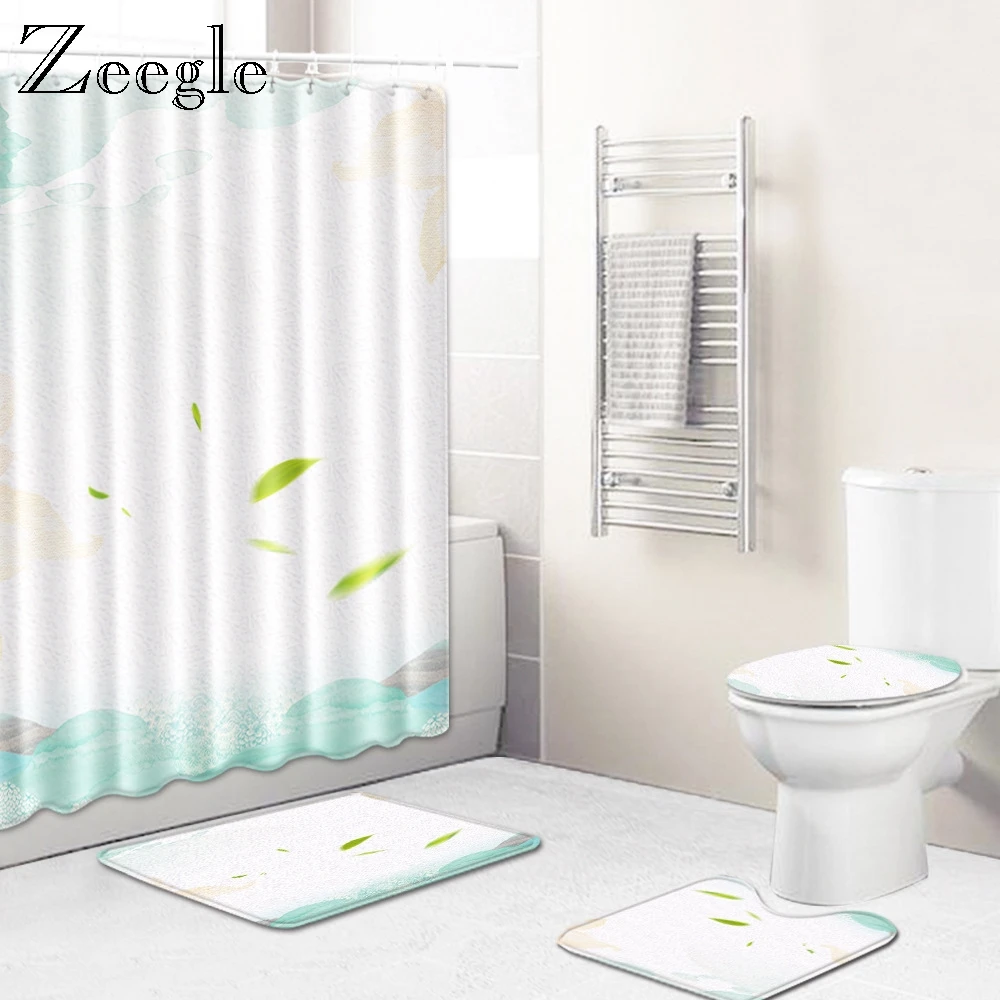 Zeegle Modern 4pcs Bath Mat Set Anti-slip Bathroom Mat Toilet Shower Curtain Lid Toilet Cover Waterproof Toilet Curtain Bath Rug
