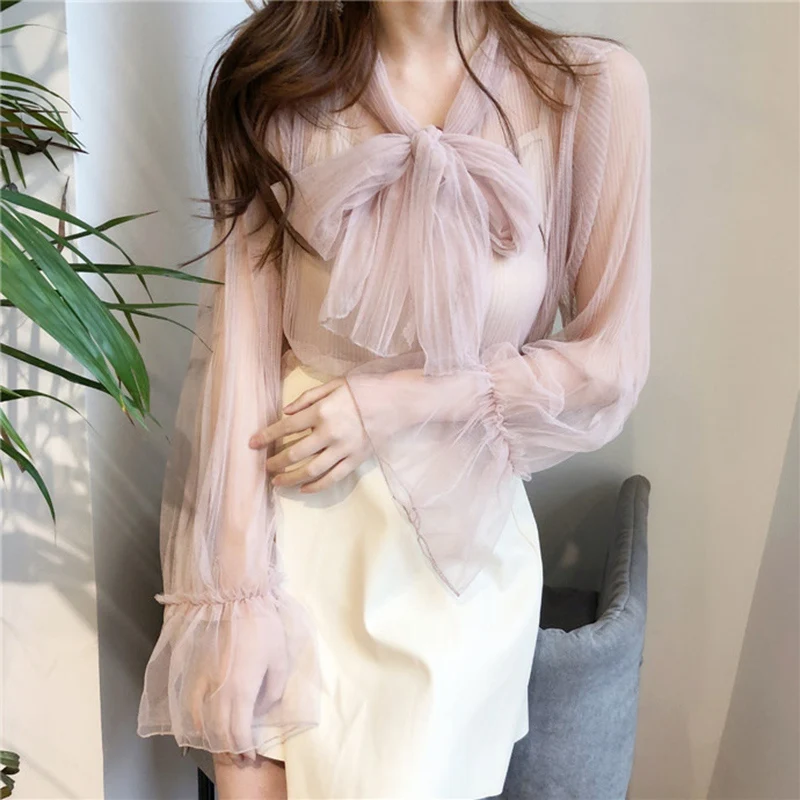 

Two-piece Set Autumn Blouses Women Solid Color Mesh Perspective Flare Sleeve Thin Shirt Ladies Clothes Blouses