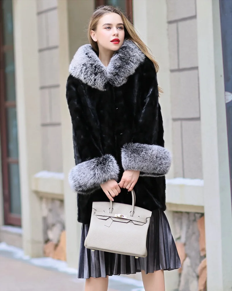 Натуральная норковая шуба куртка лисий мех воротник и манжеты осень зима женское меховое пальто плюс размер 4XL 5XL LF9111