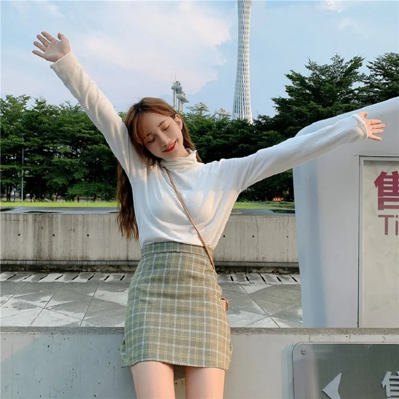 Осенняя клетчатая Женская Студенческая Harajuku Ins Повседневная зимняя короткая Ulzzang с высокой талией Милая шикарная юбка трапециевидной формы большого размера