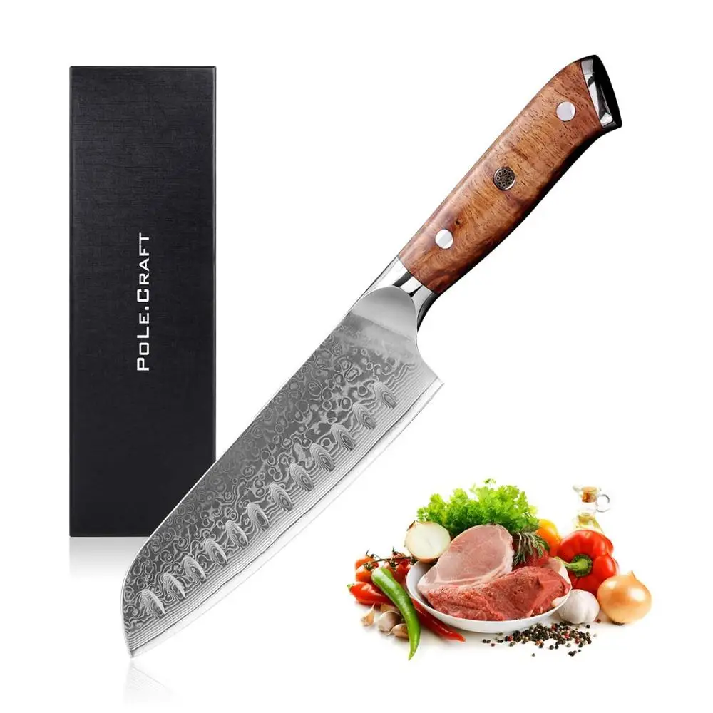 

Damascus Chef Knife 7 Inch Santoku Knife Damascus Kitchen Knives - 67-Layer Damascus Steel 60HRC-Ergonomic Crude Rosewood Handle
