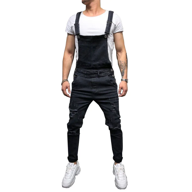 Модные Для Мужчин's Рваные джинсы комбинезоны Марка NEW Fashion Hi Street рваные джинсовые Комбинезон для человек штаны с подтяжками - Цвет: Черный