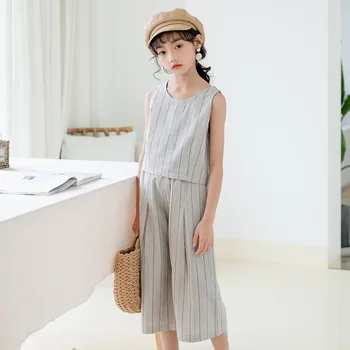 

Girls Clothing Set 2020 Summer Kids Striped Shirt Wide Leg Pants Sets For Teen Girl Cotton Two Piece Suit 4 6 8 10 12 14 Years