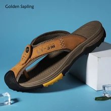 Golden Sapling Flip Flops Genuine Leather Men's Slippers Retro Beach Shoes Breathable Summer Men Flip Flops Classics Casual Shoe