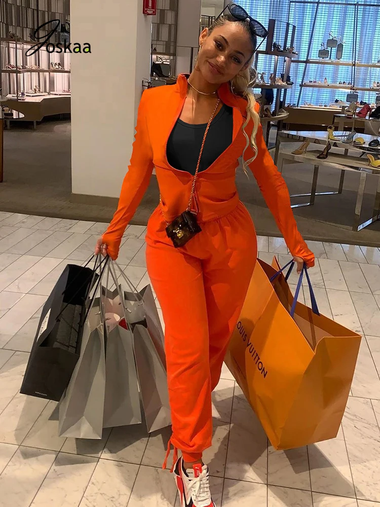 

Joskaa Women Casual Street Tracksuit Long Sleeve Zipper Skinny Crop Top Sexy Solid Drawstring Pleated Sweatpants Sports Outfit